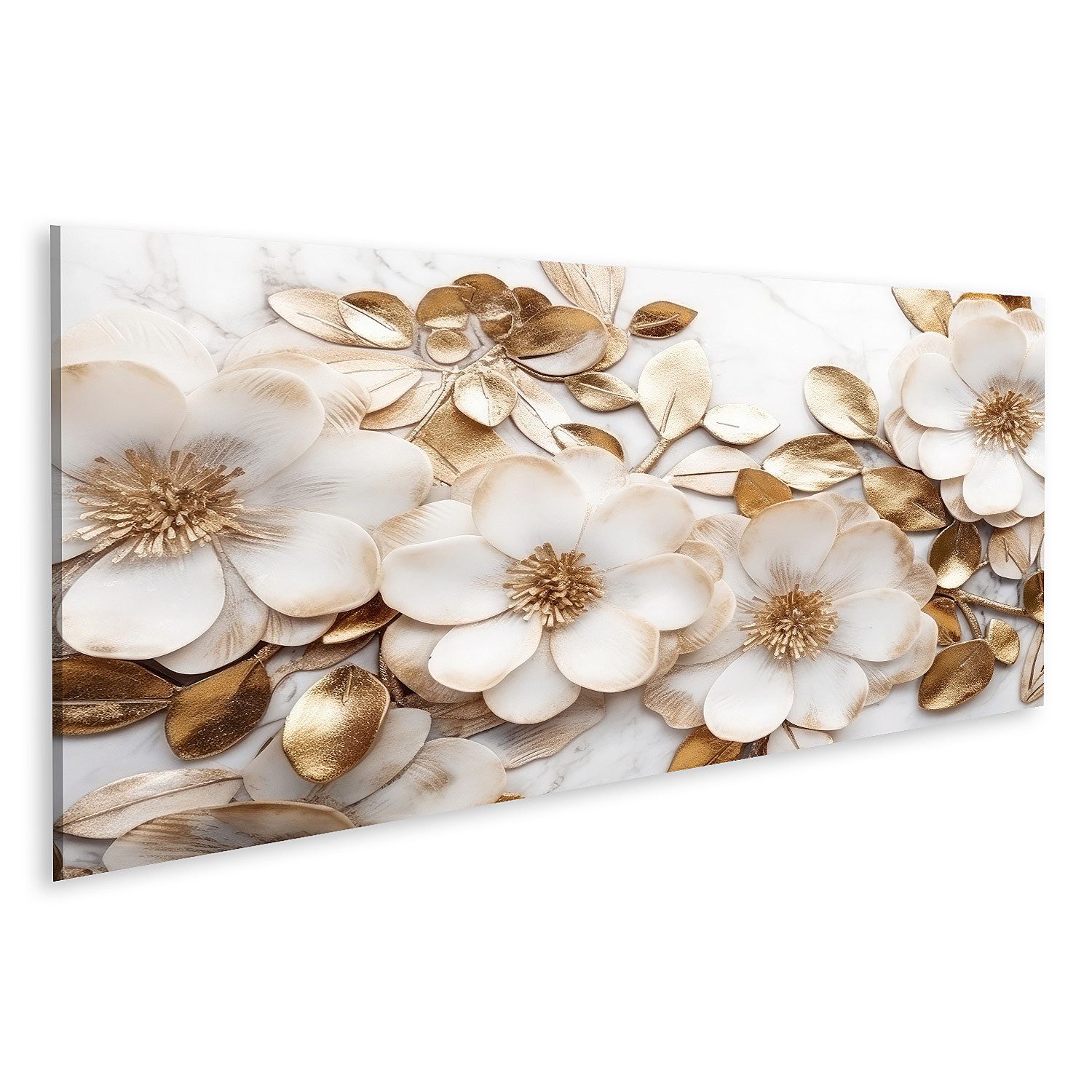 islandburner Leinwandbild Marmor Textur Weiß Gold Farben Goldene Blumen Luxuriöses Des Bilder