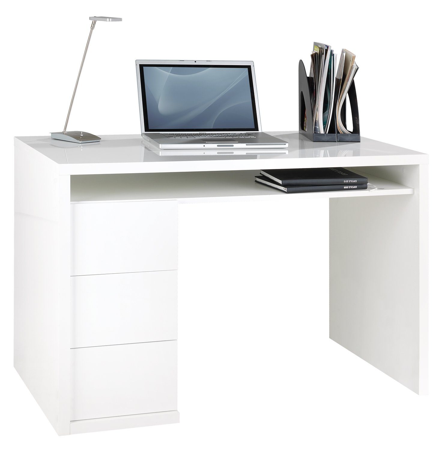 Schubladen 110 PRIVILEGIO, 75 x Hochglanz, 3 60 Weiß Composad GRAN Schreibtisch und x cm, Computertisch 1 Ablagefach mit