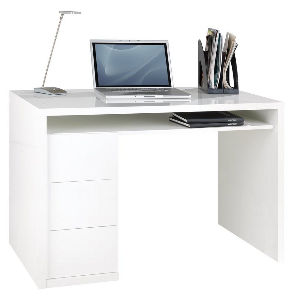 Composad Schreibtisch Computertisch GRAN PRIVILEGIO, Weiß Hochglanz, 110 x  75 x 60 cm, mit 3 Schubladen und 1 Ablagefach