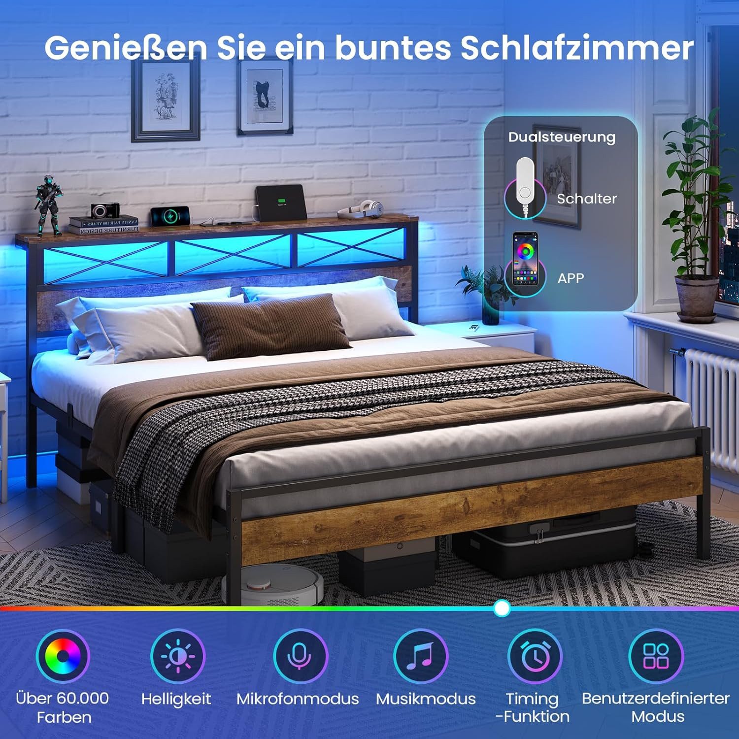 MSMASK Metallbett Bettgestell mit LED Beleuchtung und Steckdose USB-Anschlüsse (Ohne Matratze), Jugendbett, Doppelbett 160 x 200 cm – Bild 4 von 5