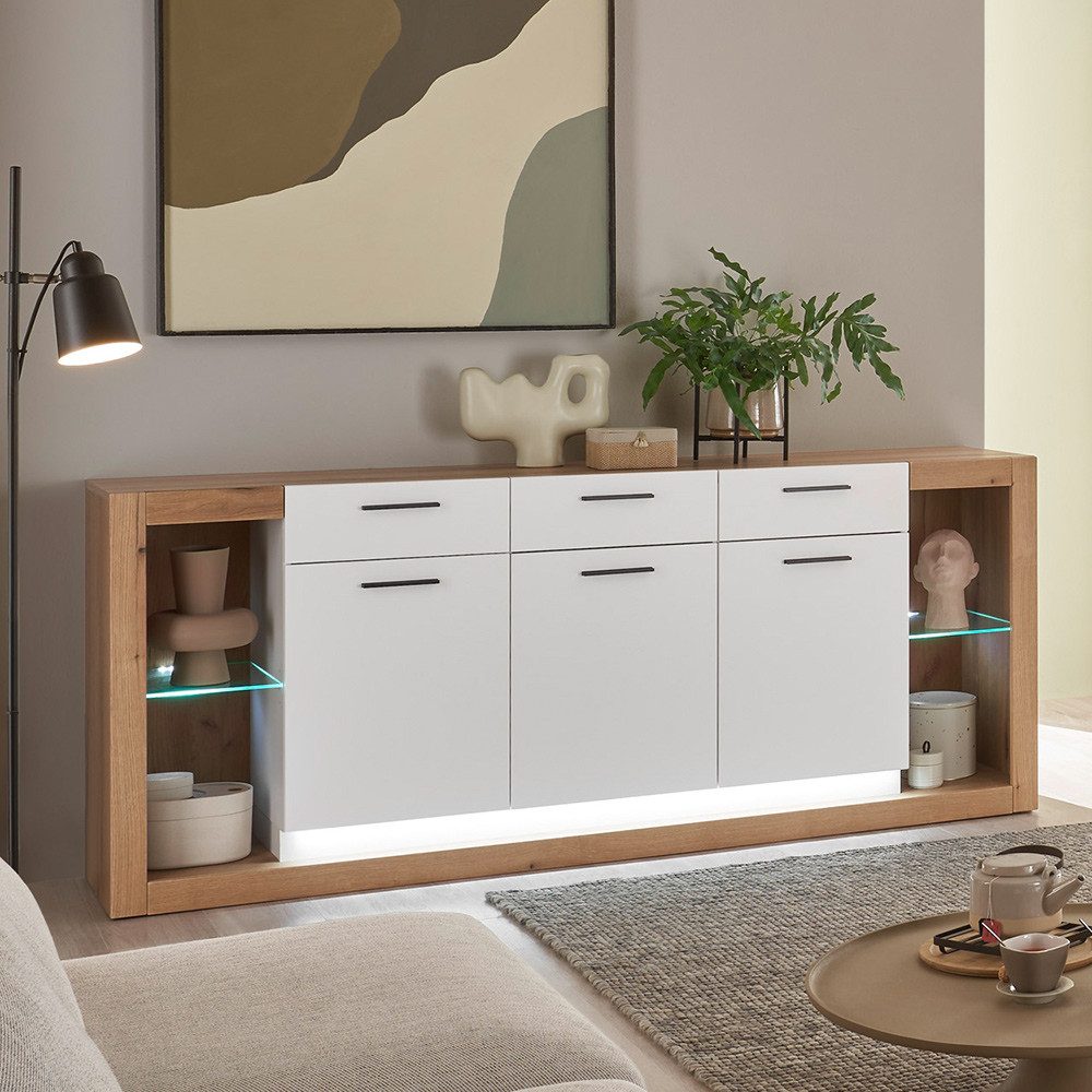 Lomadox Wohnzimmer-Set BELLAGIO-61, (Mega-Spar-Set, 3-St., Sideboard Vitrinenschränke), in Eiche mit weißen Fronten, LED Beleuchtung, Glaseinlegeböden