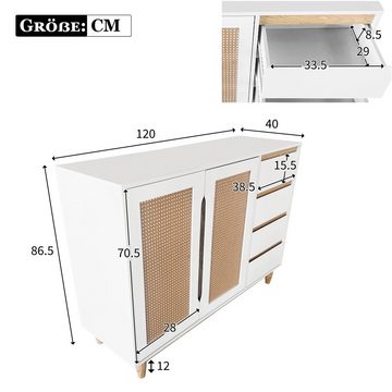 Merax Sideboard mit 4 Schubladen und Rattantüren, Kommode mit verstellbaren Einlegböden, Anrichte, Wohnzimmerschrank