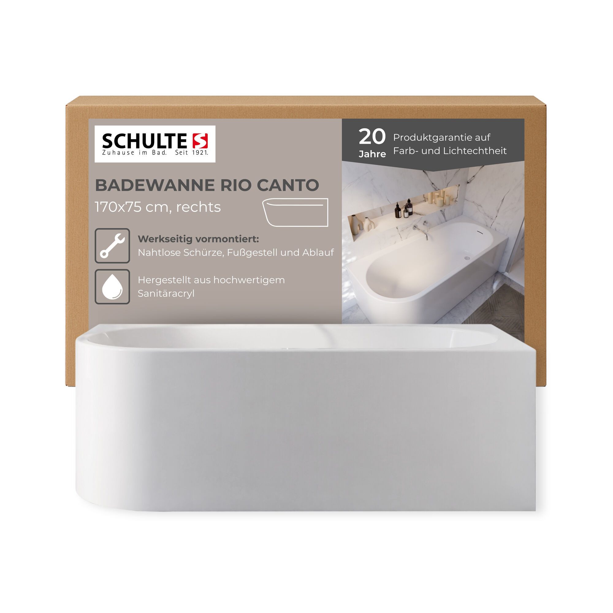 Schulte Badewanne Rio Canto, 170x75 cm Sanitäracryl Weiß Komplett-Set Fußgestell, Schürze, Ablauf