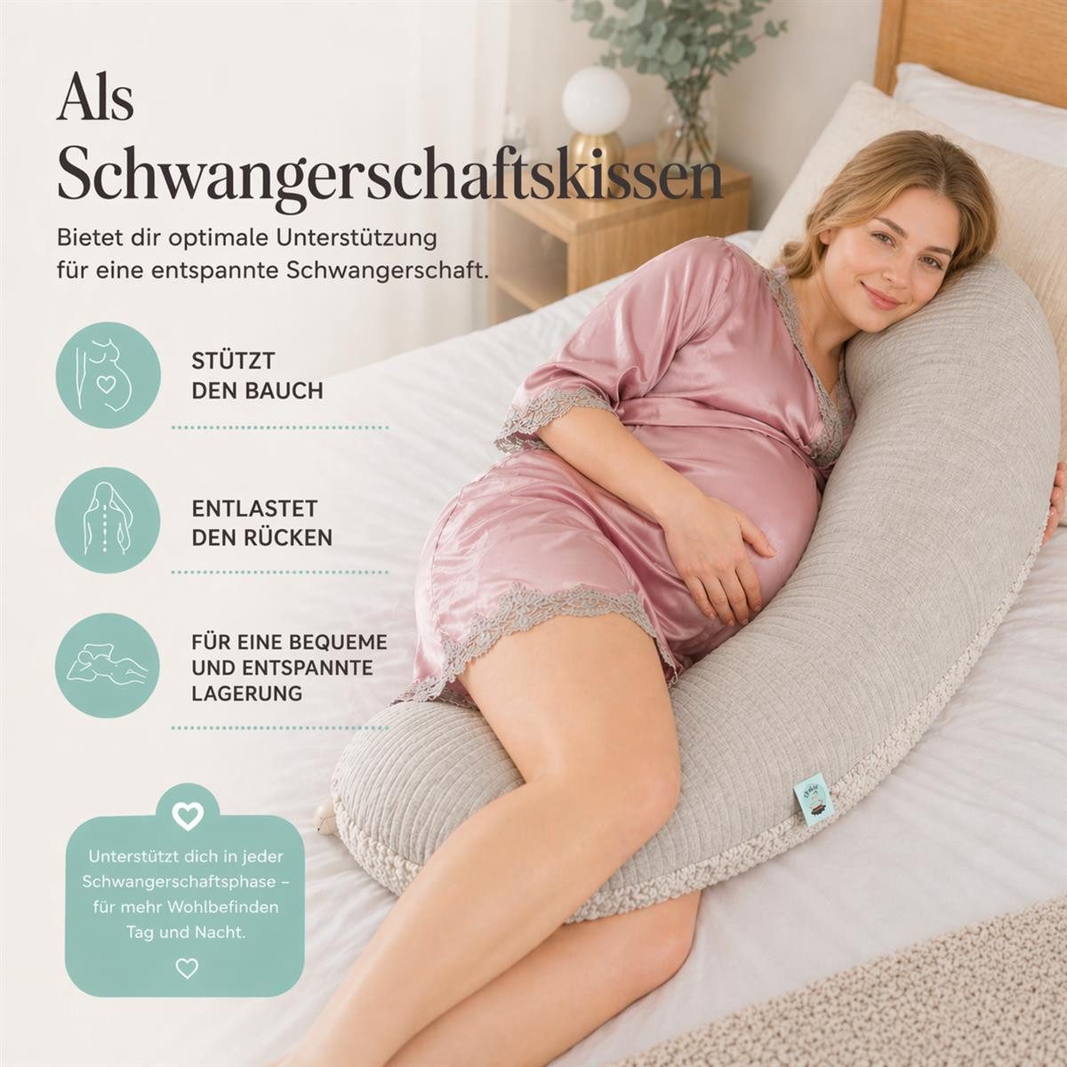 SEI Design Stillkissen XXL 190x35 cm Musselin EPS Mikroperlen Seitenschläferkissen GOTS Taupe, Schwangerschaftskissen mit Bezug, Schwangerschaftskissen mit Bezug, Musselin Baumwolle