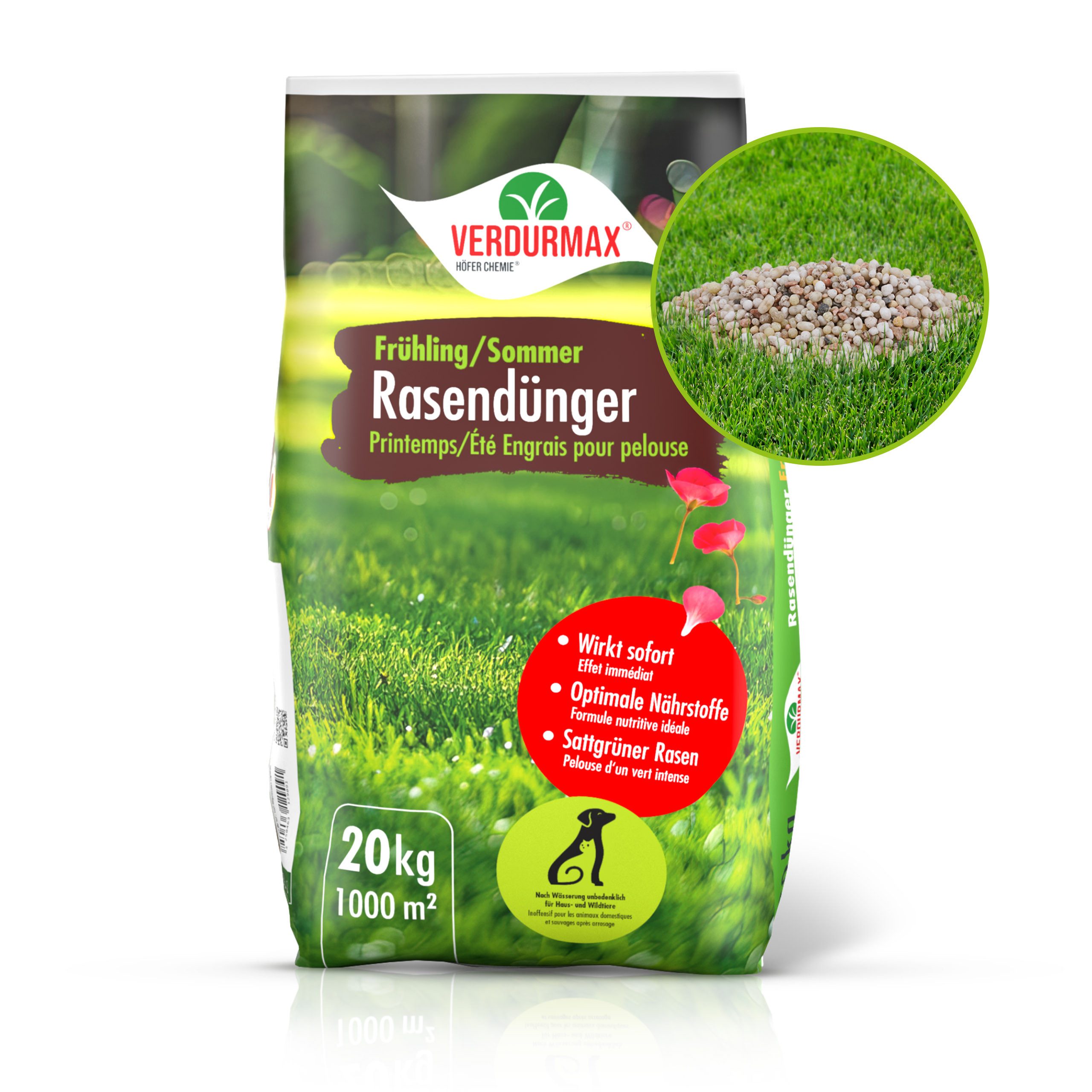 Höfer Chemie GmbH Rasendünger 20 kg VERDURMAX® Rasendünger Frühling / Sommer, Granulat, 1-St., Nährstoffreicher Dünger für kräftiges Wachstum