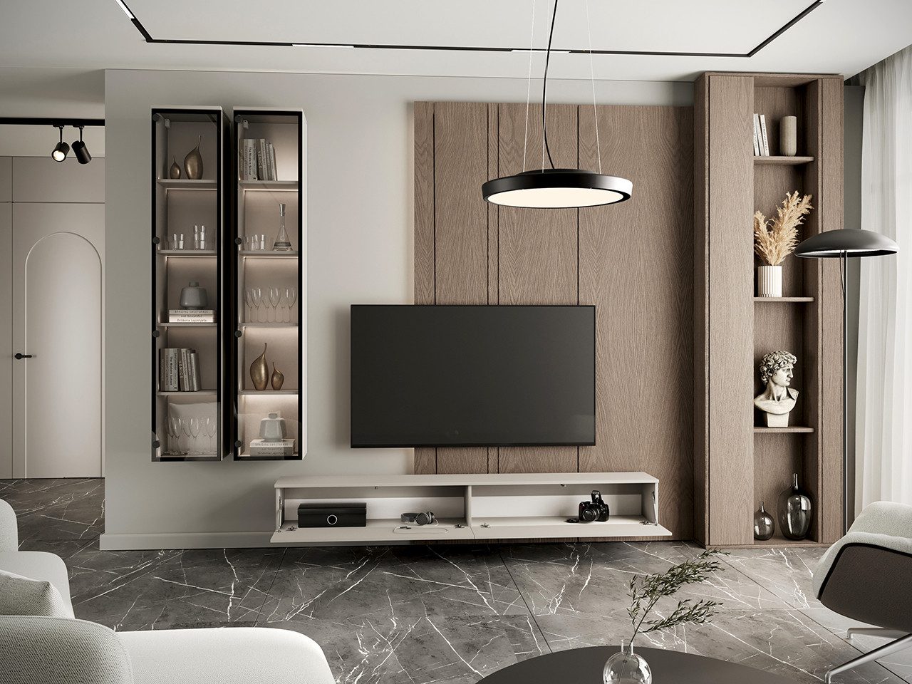 MOEBLINE Wohnwand Medienwand FIVO 3 kaschmir TV-Lowboard Hängevitrinen 3-St günstig online kaufen