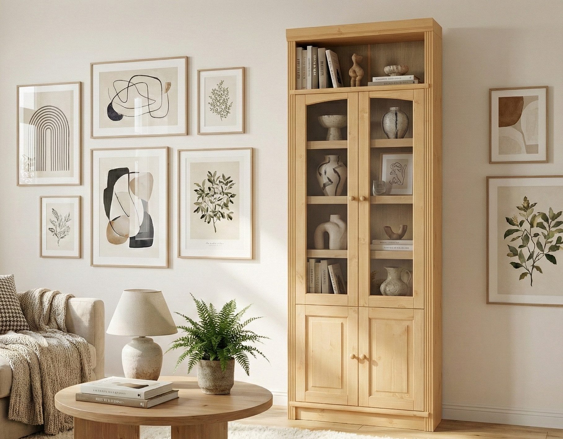 OTTO home Vitrine Soeren Regal mit 2 Glastüren und 2 Holztüren, B/TH: 80/29/220 cm Kiefer FSC®-zertifiziert, 1 offenes Fach, 6 Fächer hinter den Türen