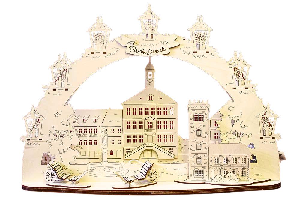 DeColibri LED Schwibbogen 3D LED Schwibbogen Bischofswerda Rathaus -Holzkunst Sachsen- Netzkabel, Holzkunst aus Sachsen, beleuchtet