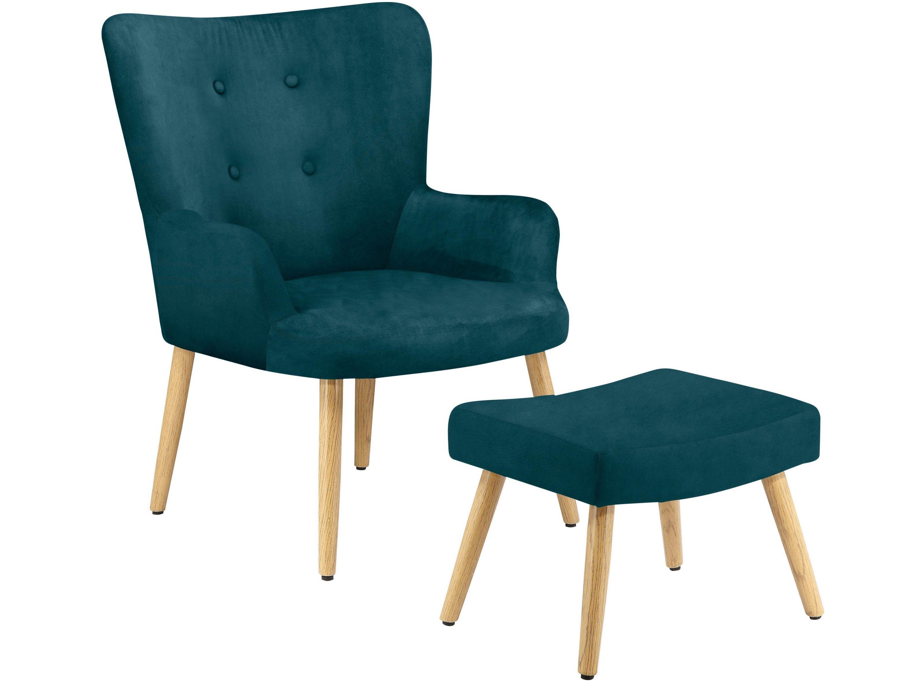 loft24 Sessel Cora (2-tlg. Set, Sessel mit Hocker), mit Knopfheftung, Relaxsessel mit Fußhocker, Samtbezug, Holzbeine petrol