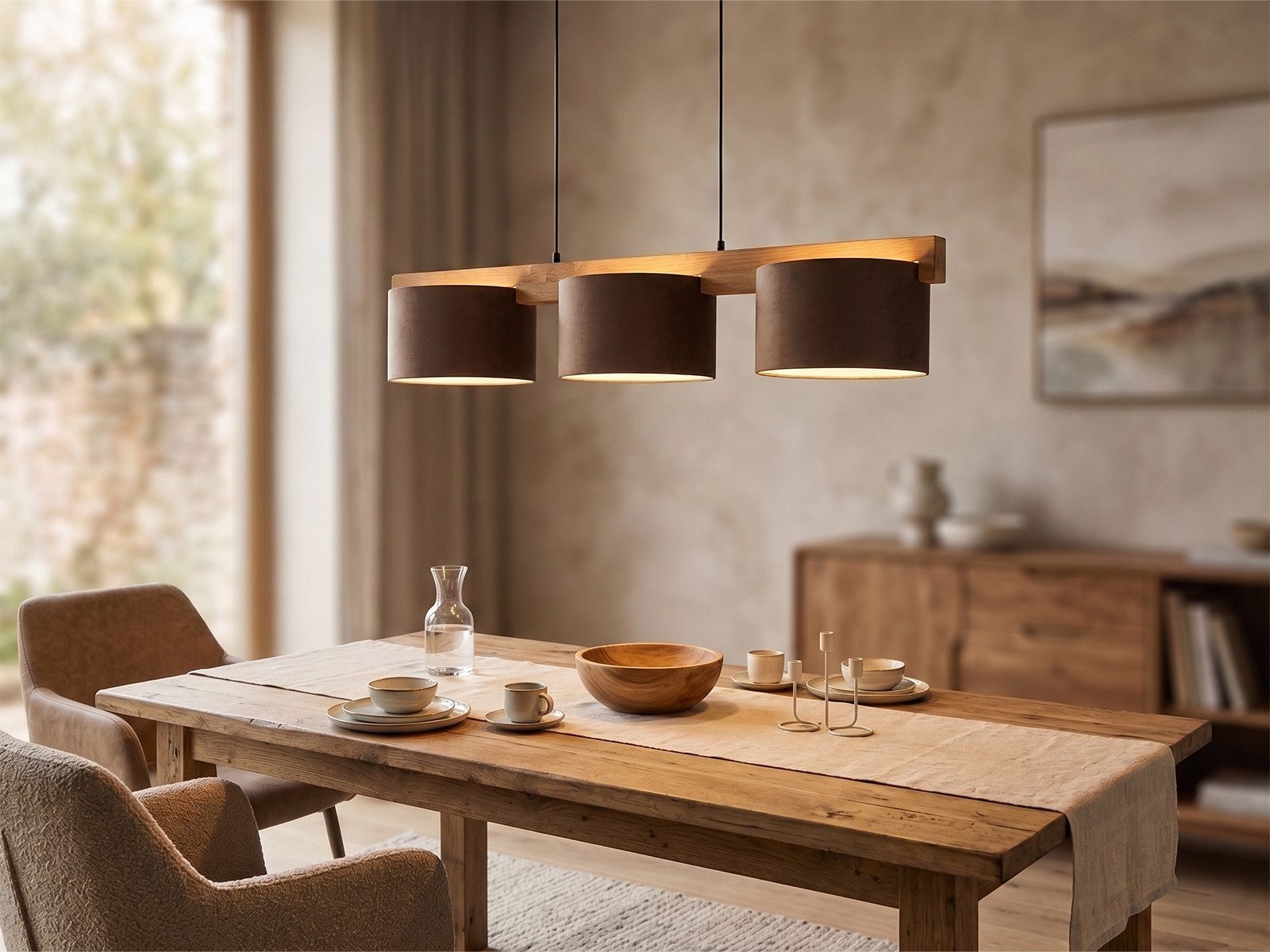 meineWunschleuchte Pendelleuchte mit Holz-Balken & Stoff, Breite 100cm, ohne Leuchtmittel, Esstisch-Lampe hängend, Holzlampe mehrflammig, Esszimmerlampe groß