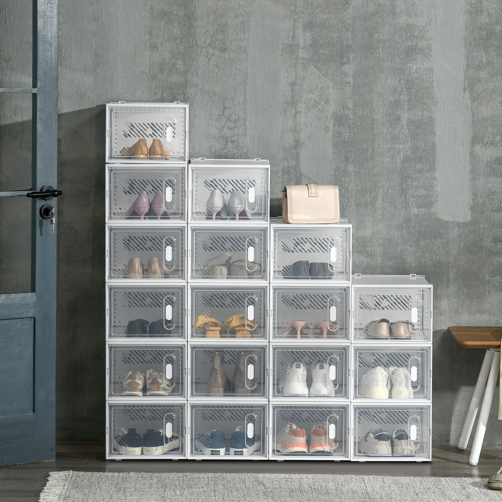 HOMCOM Schuhregal Schuhboxen, Schuhkarton, stapelbar, mit transparent Tür, Schuh-Organizer mit magnetischen Türen 18-tlg., Schuhaufbewahrung aus Kunststoff