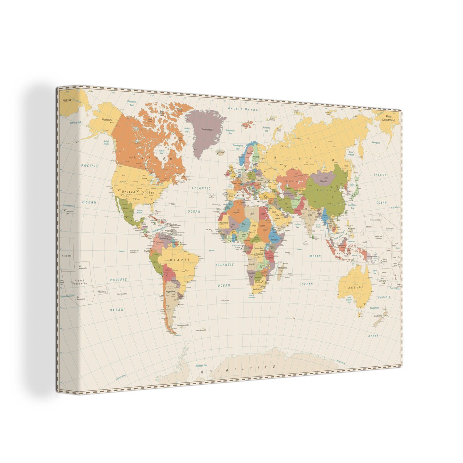 OneMillionCanvasses® Leinwandbild Karte - Welt - Braun, (1 St), Wandbild Leinwandbilder, Aufhängefertig, Wanddeko, 30x20 cm