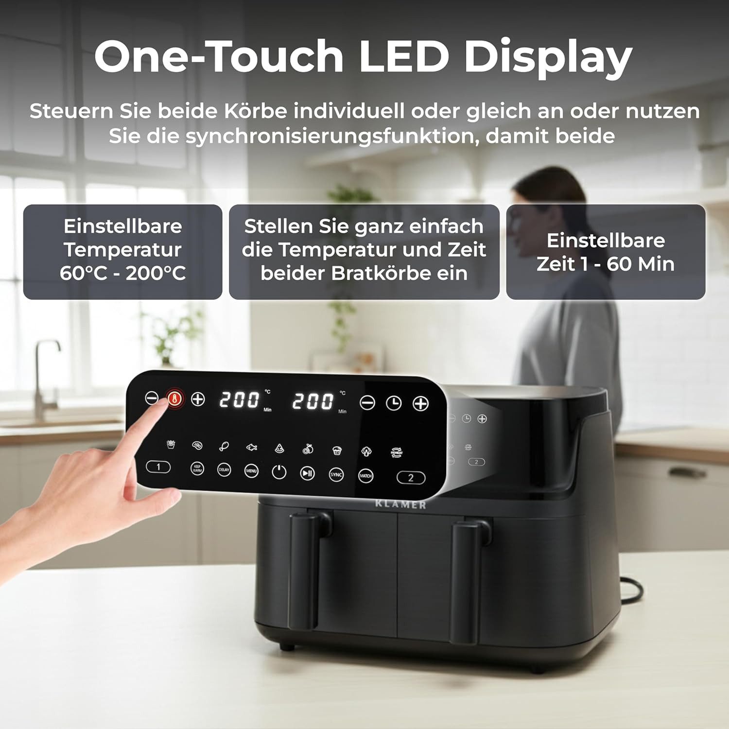 KLAMER Heißluftfritteuse Heißluftfritteuse Duo 9 L – Doppelkammer Airfryer mit 2 Körben, 3000 W, Zwei separate Fächer, Smart-Funktionen, Mehrere Programme & Ste – Bild 5 von 5