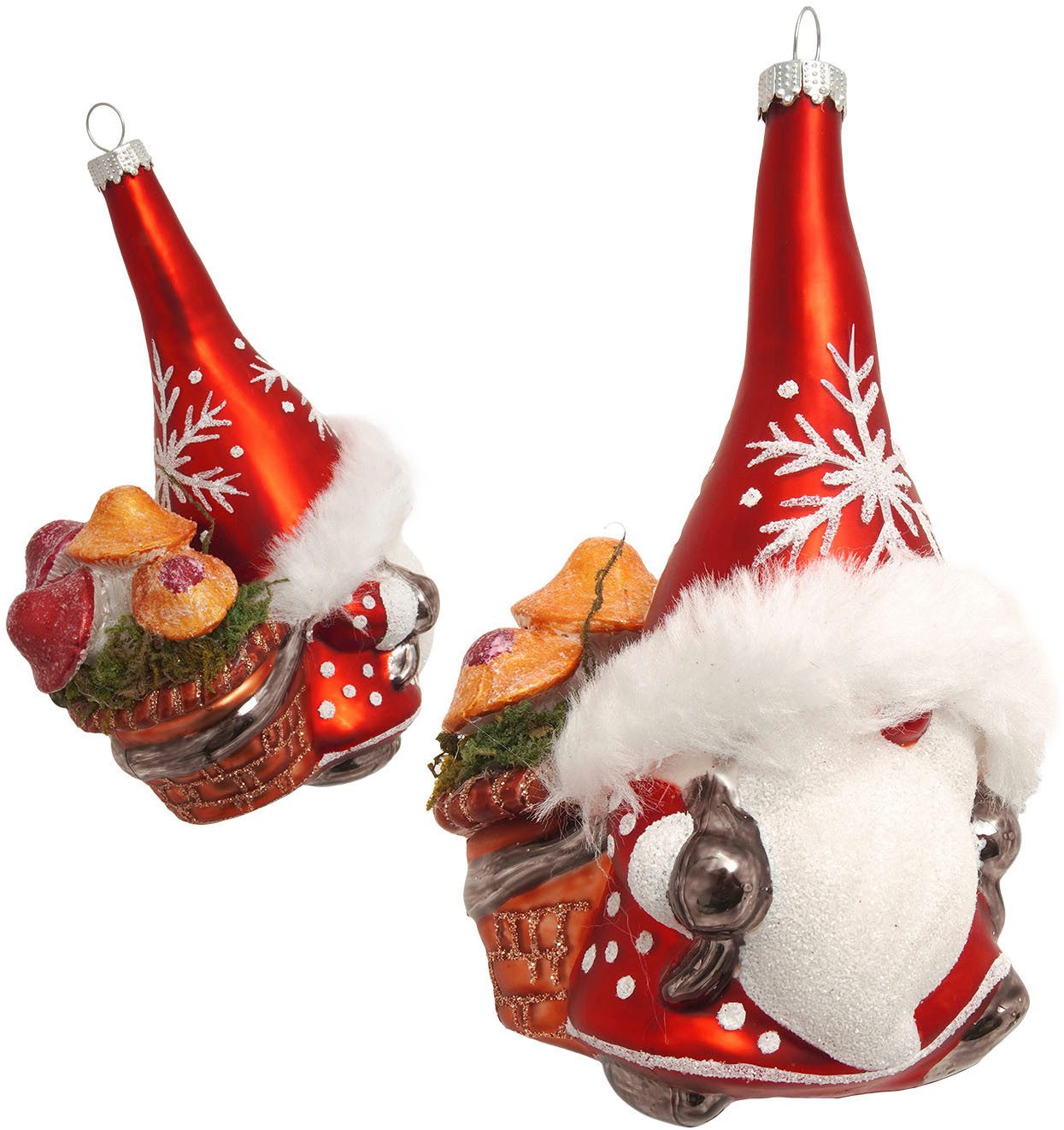 Krebs Glas Lauscha Weihnachtsbaumkugel Baumschmuck Wichtel mit Pilzkorb rot 13cm, Dekoriert mit Liebe zum Detail