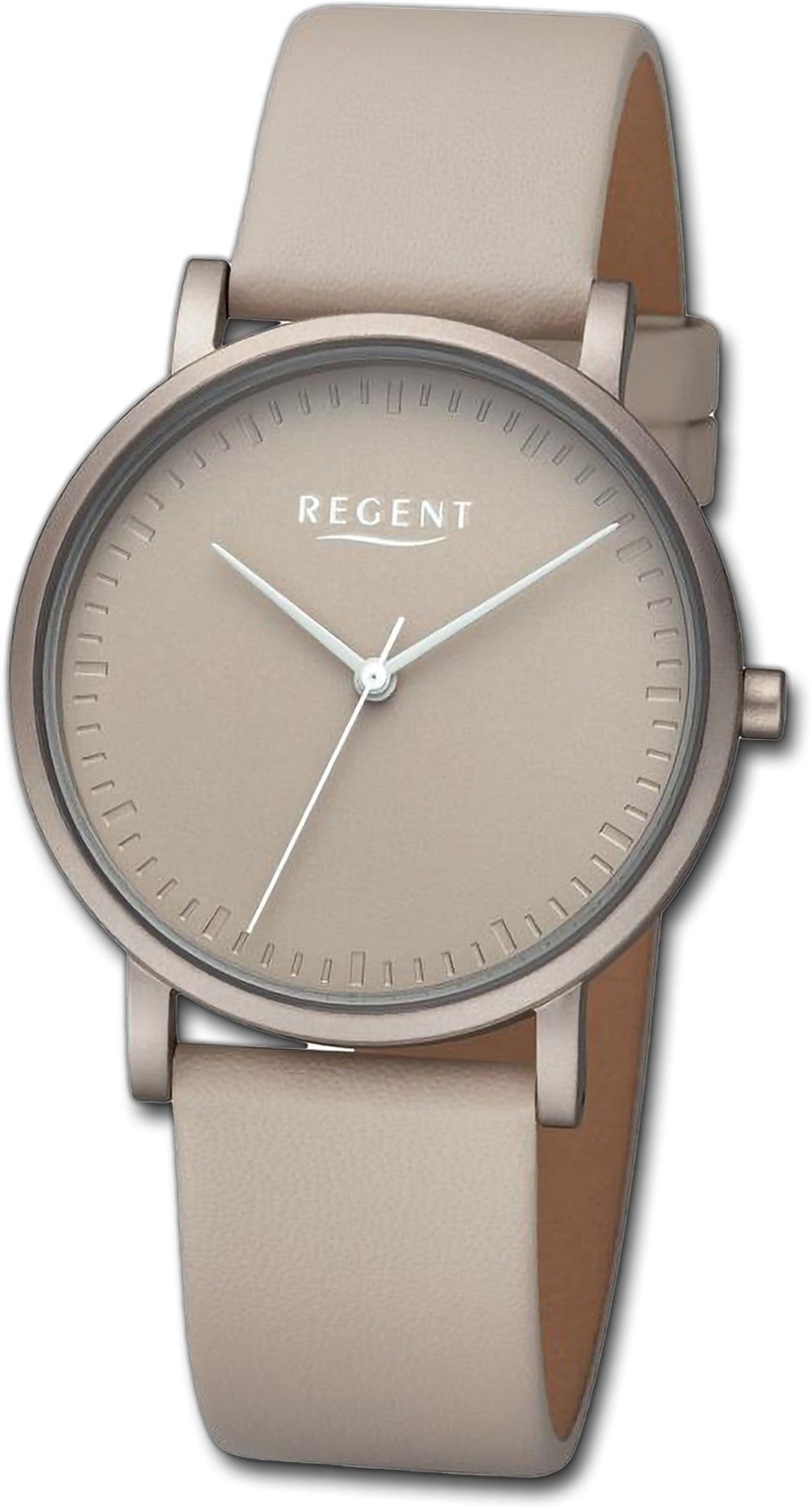 Regent Quarzuhr Regent Damen Armbanduhr Analog, Damenuhr Lederarmband taupe, rundes Gehäuse, extra groß (ca. 36mm)