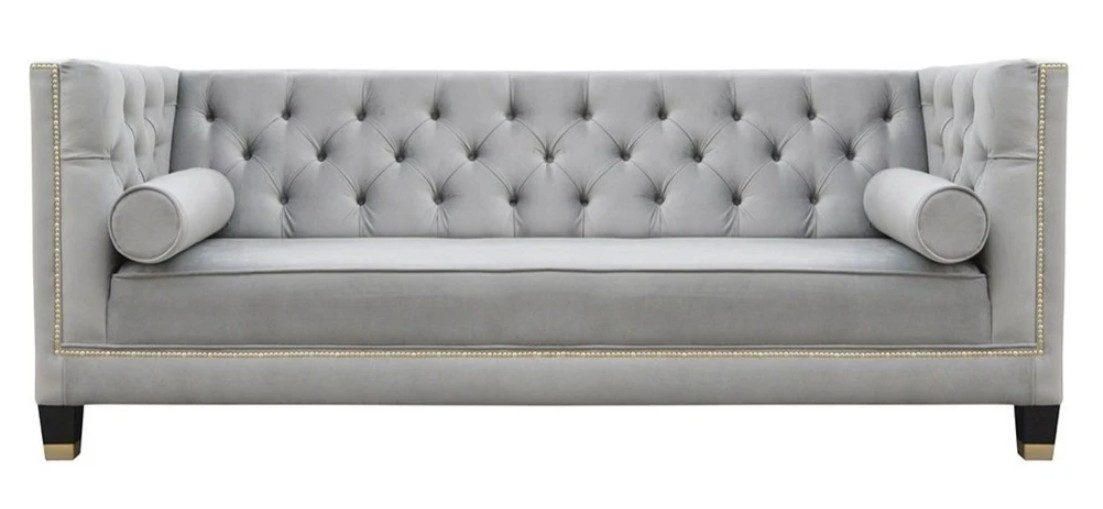 Chesterfield-Sofa Graues Samt Sofa mit Wellenunterfederung und Holzfüßen