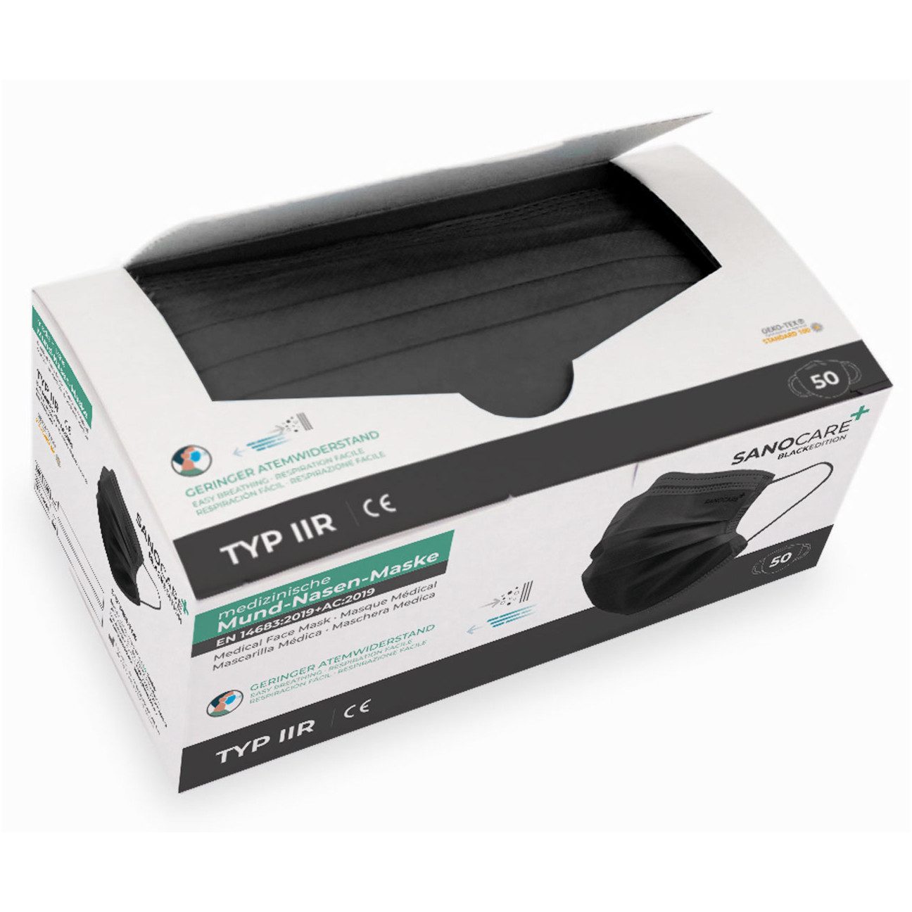Sanocare Mund-Nasen-Masken Mund-Nasen Maske Typ IIR (50er Box) - Schwarz