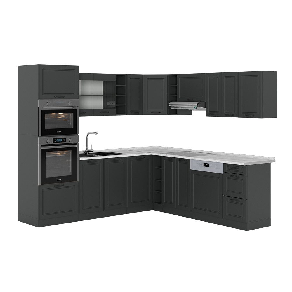 Vicco Winkelküche R-Line, Anthrazit Landhaus/Anthrazit, 237 x 247 cm, AP Marmor