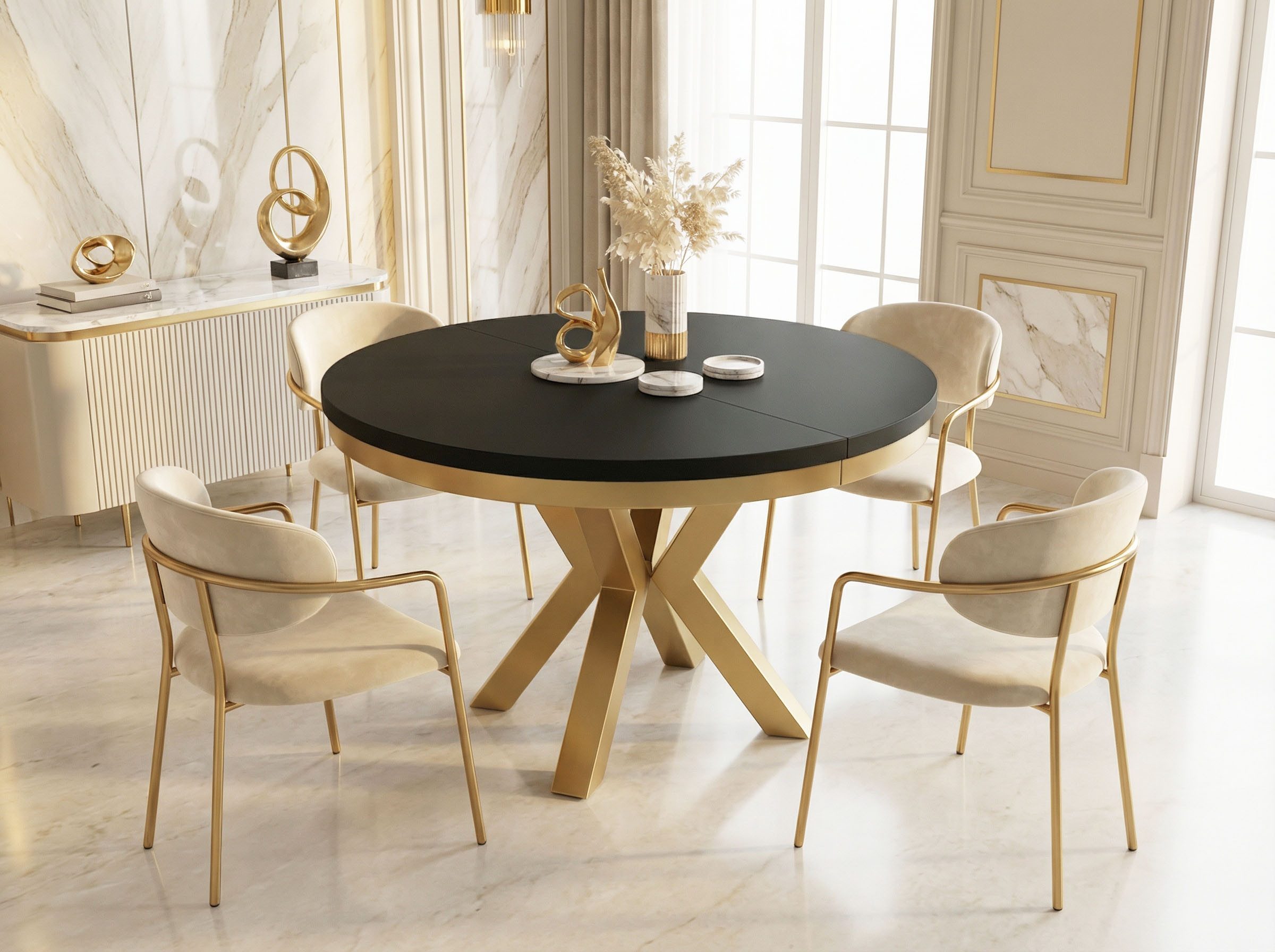 WFL GROUP Esstisch Clara Gold im Loft-Stil rund ausziehbar mit goldenen Metallbeinen (MADE IN EU, erhältlich in zwei Größen – 100/120 cm, ausziehbar auf 180/200 cm), platzsparender Industrial Tisch in Holzoptik für Wohnzimmer oder Küche