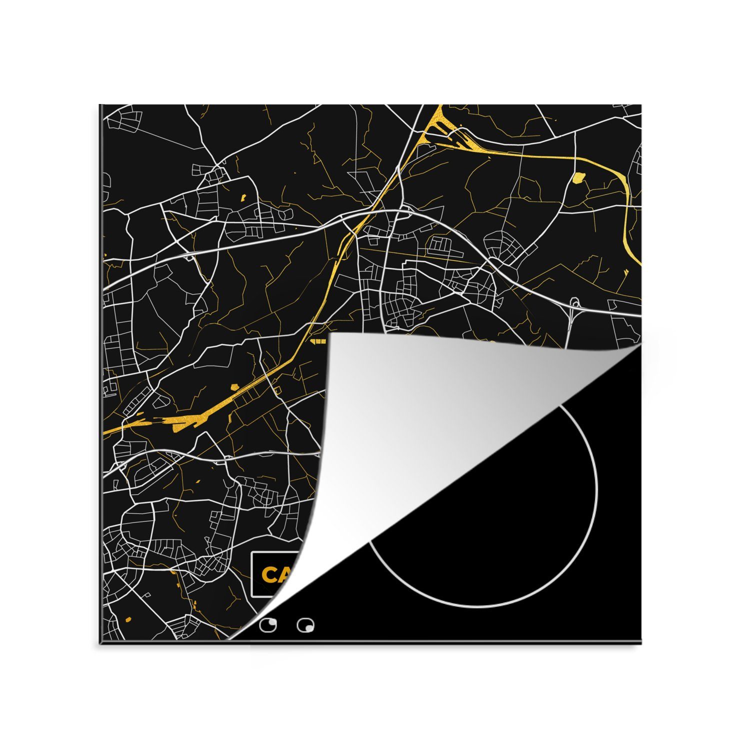 Stadtplan Herdblende-/Abdeckplatte tlg), für Gold Ceranfeldabdeckung, - Karte, küche Deutschland 78x78 - Arbeitsplatte MuchoWow cm, Vinyl, und - Schwarz (1 - Rauxel Castrop