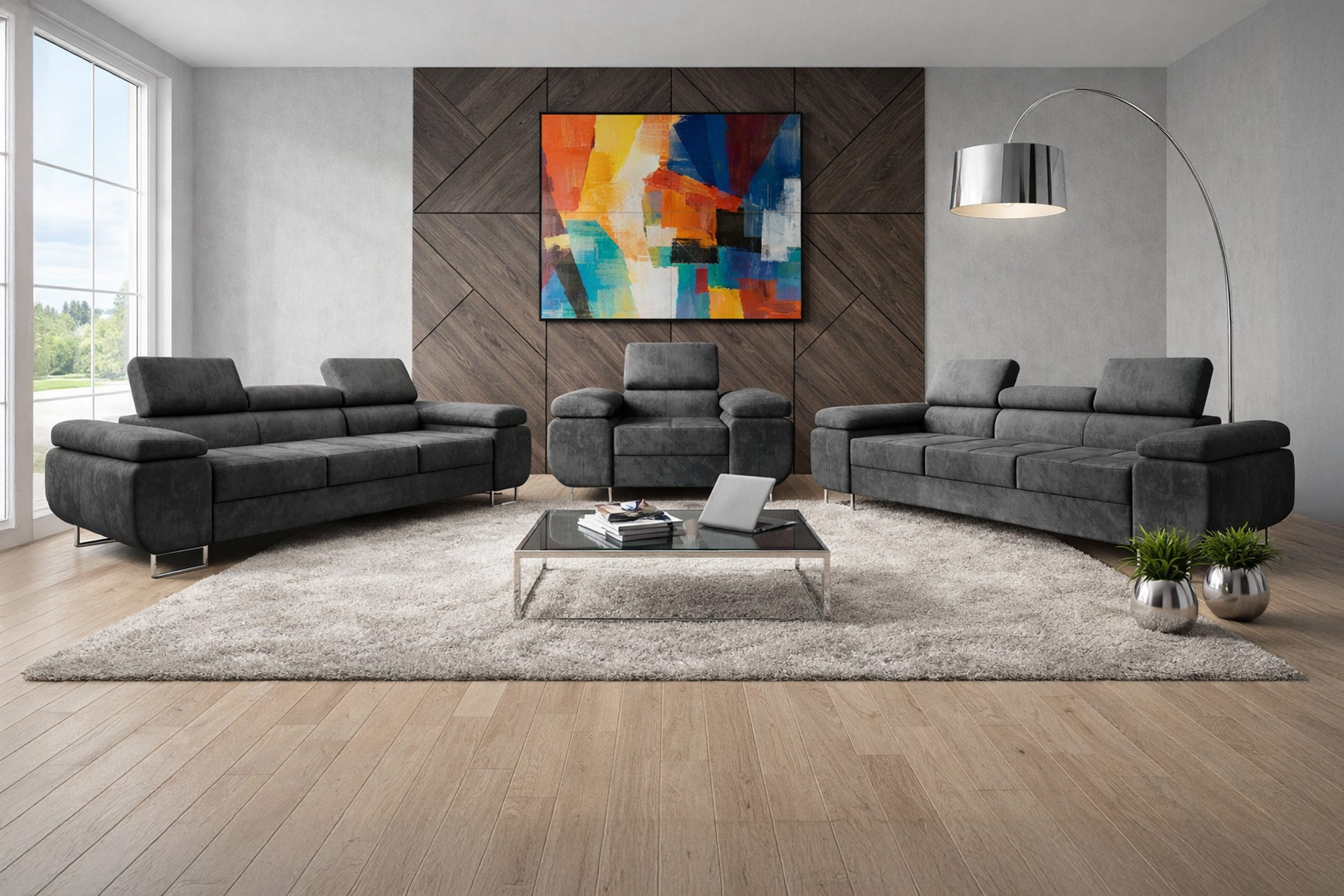 M-Punkt24 Polstergarnitur Sofa Wohnlandschaft DUBAI, (3-3-1, mit Bettfunktion, XL Sofa-Set, Bigsofa, Samt, Anthrazit, Grau), Bestehend aus 3-Sitzer mit Bettfunktion, Sessel