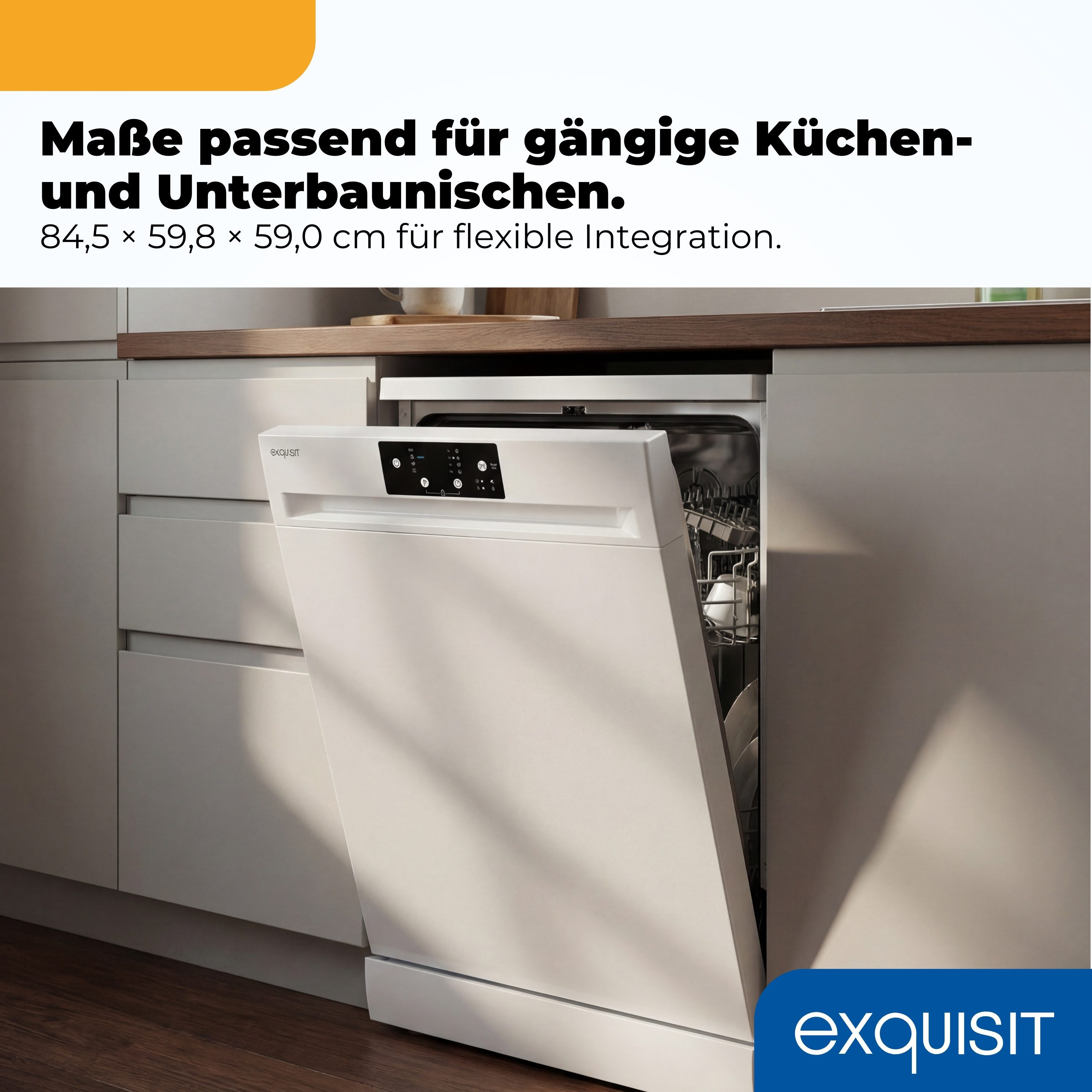 exquisit Standgeschirrspüler GSP9114-450D, 14 Maßgedecke, Edelstahl Innenbehälter, Energieklasse D, 49 dB Geräuschklasse C