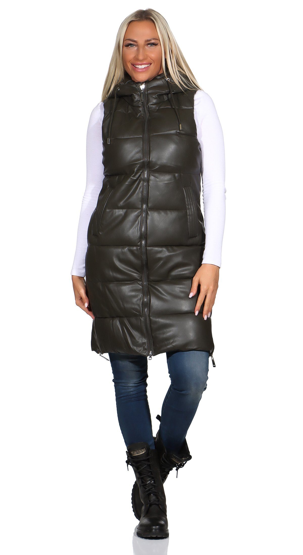 Aurela Damenmode Longweste Damen Kunstlederweste warme günstig online kaufen
