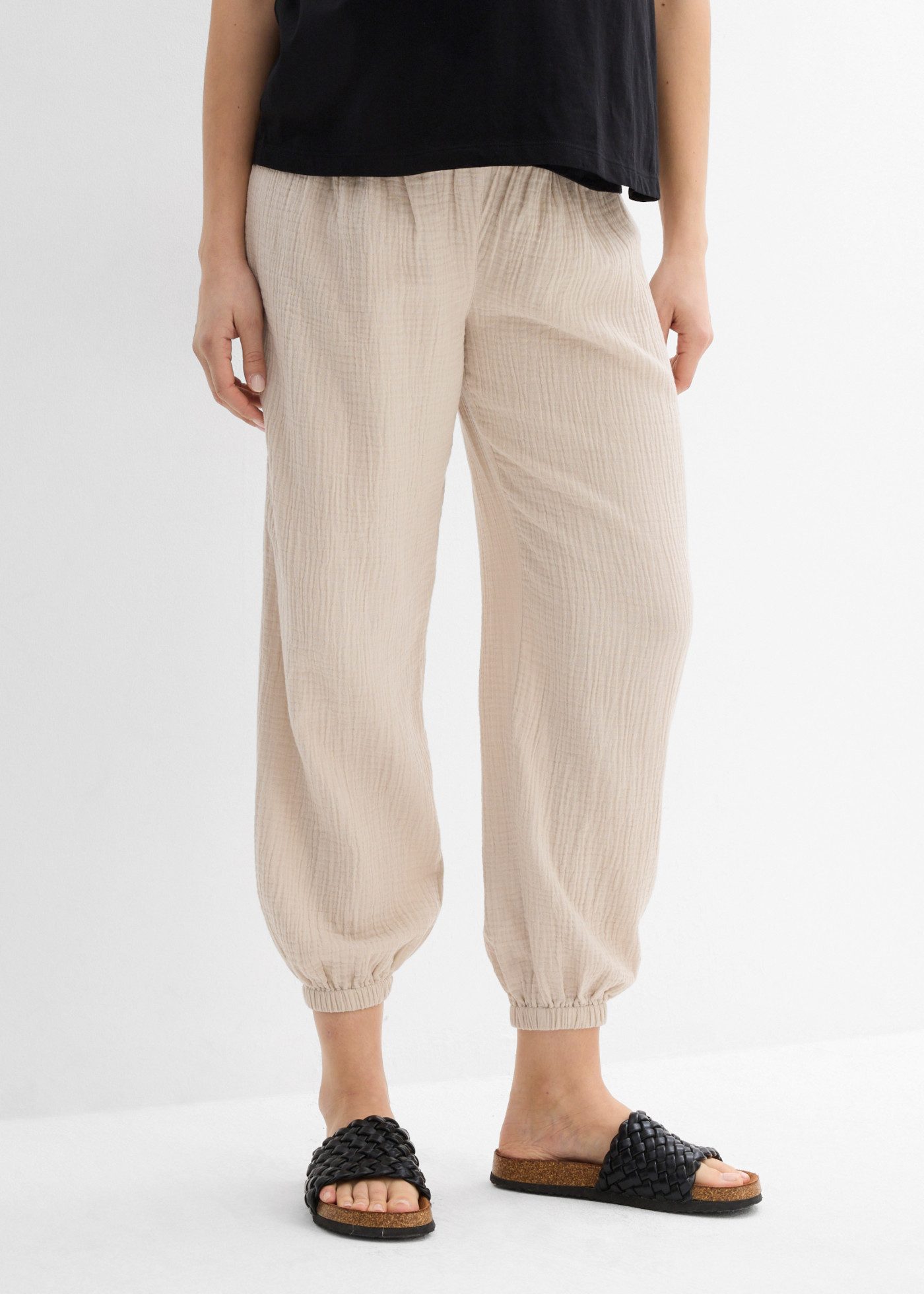 bonprix Umstandshose aus Baumwollmusselin, mit elastischem Smockbund, Loose Fit