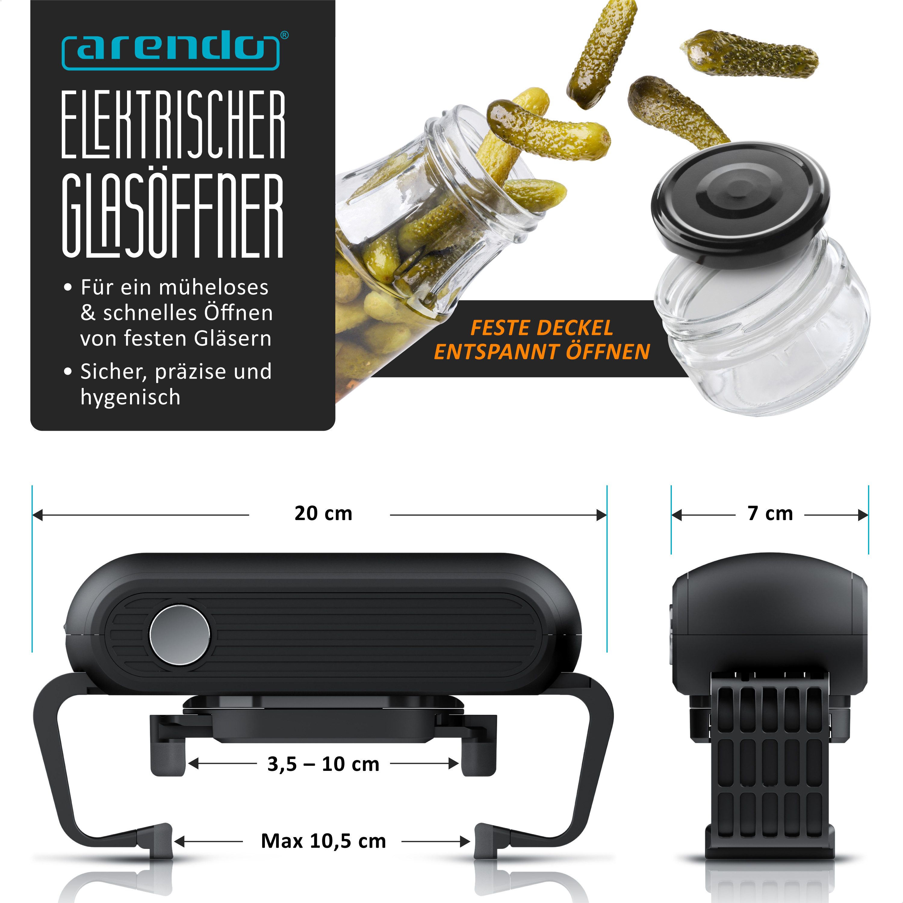 Arendo Elektrischer Dosenöffner Deckelöffner für versiegelte Gläser, Automatischer Glasöffner, Küchenhelfer, Freihändiger Schraubdeckelöffner für 3,5 bis 10 cm Ø
