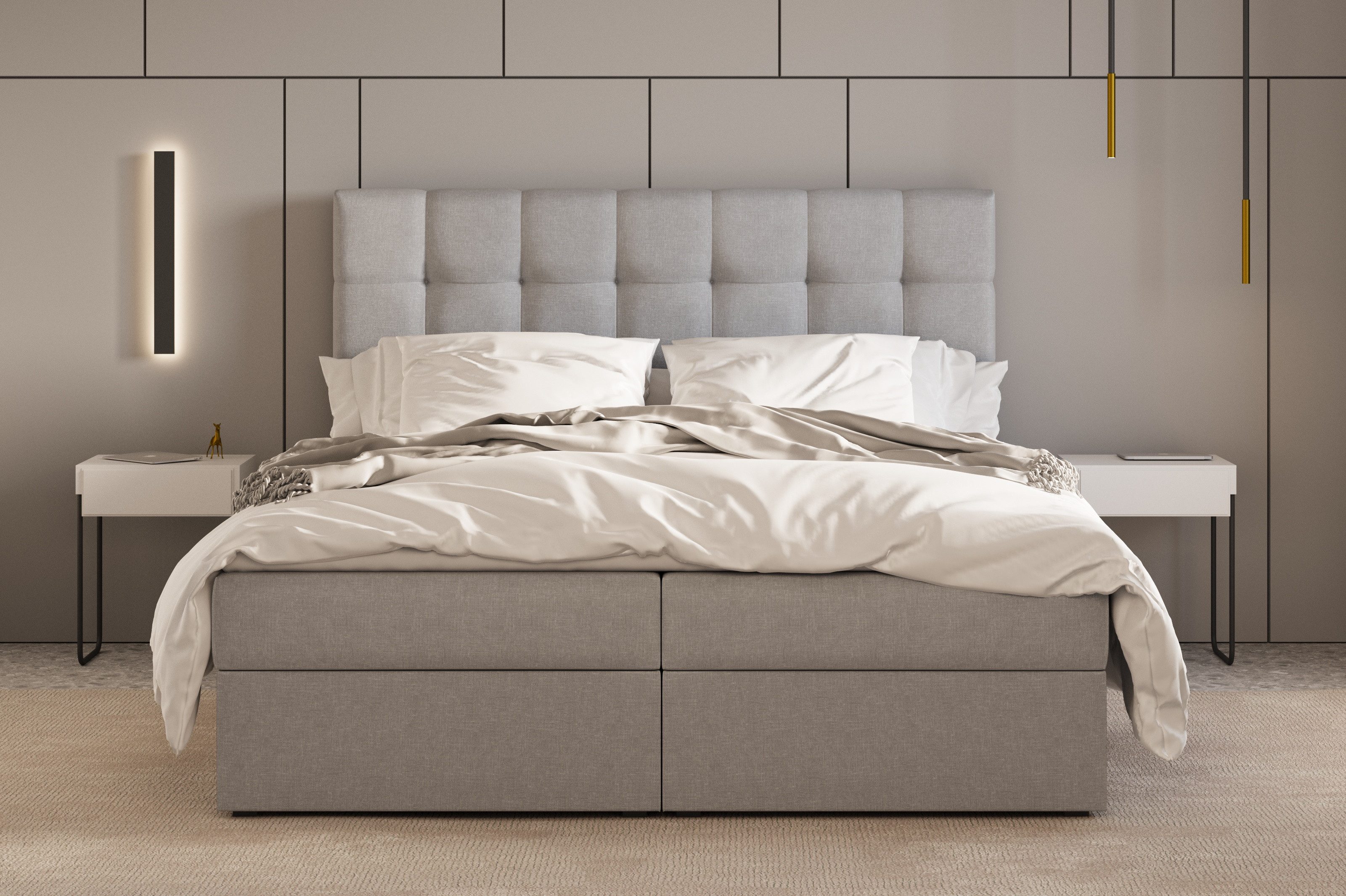 MOEBLO Boxspringbett bett 05 (Polsterbett Kontinentalbett, Bonell-Matratze und Topper, Doppelbett, gepolstertes Kopfteil mit Bettkasten), gepolstertes Kopfteil mit Bettkasten