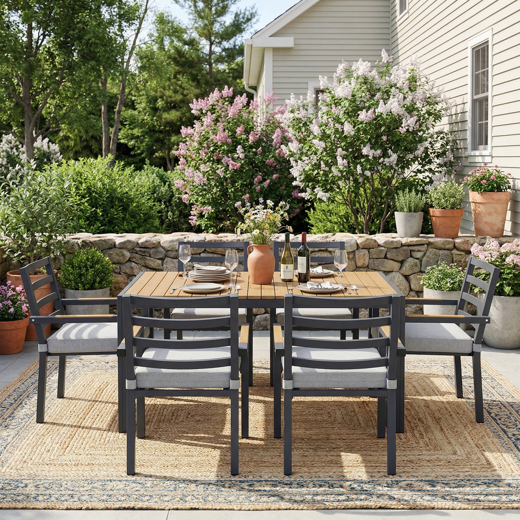STILVORA Gartenlounge-Set für 6 Personen Garten-Essgruppe Gartenmöbel-Set mit 1 Tisch & 6 Stühle, (Tisch + 6 Stühle, Industrie-Design, Kunststoffholz + Eisen), stabil, wetterfest, pflegeleicht, ergonomisch, langlebig