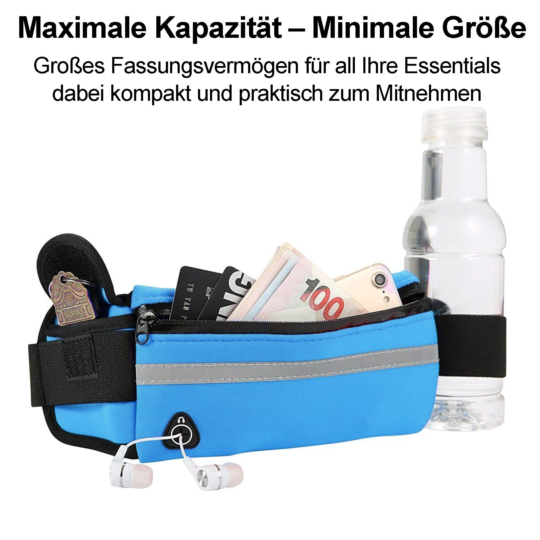 Mutig Bauchtasche Damen Herren Bauchtasche, Laufgürtel Hüfttasche (Jogging Sporttasche mit Trinkflasche und Kopfhöreranschluss, Wasserdicht und Reflektierend), Verstellbarer Sportgürtel für Laufen Wandern Radfahren