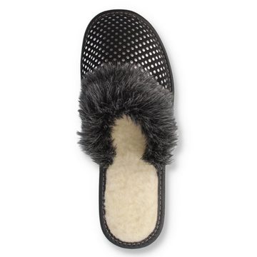 filsko Damen Winter HausSchuhe Pantoffeln schwarz mit Punkten mit Schafwolle Hausschuh