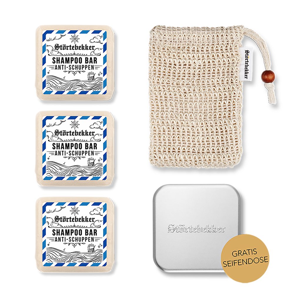 Störtebekker Festes Haarshampoo Duschset - 3x Shampoo, Soap Bag und GRATIS Seifendose, Veganes Shampoo, praktische Aufbewahrung, handgefertigt in Holland
