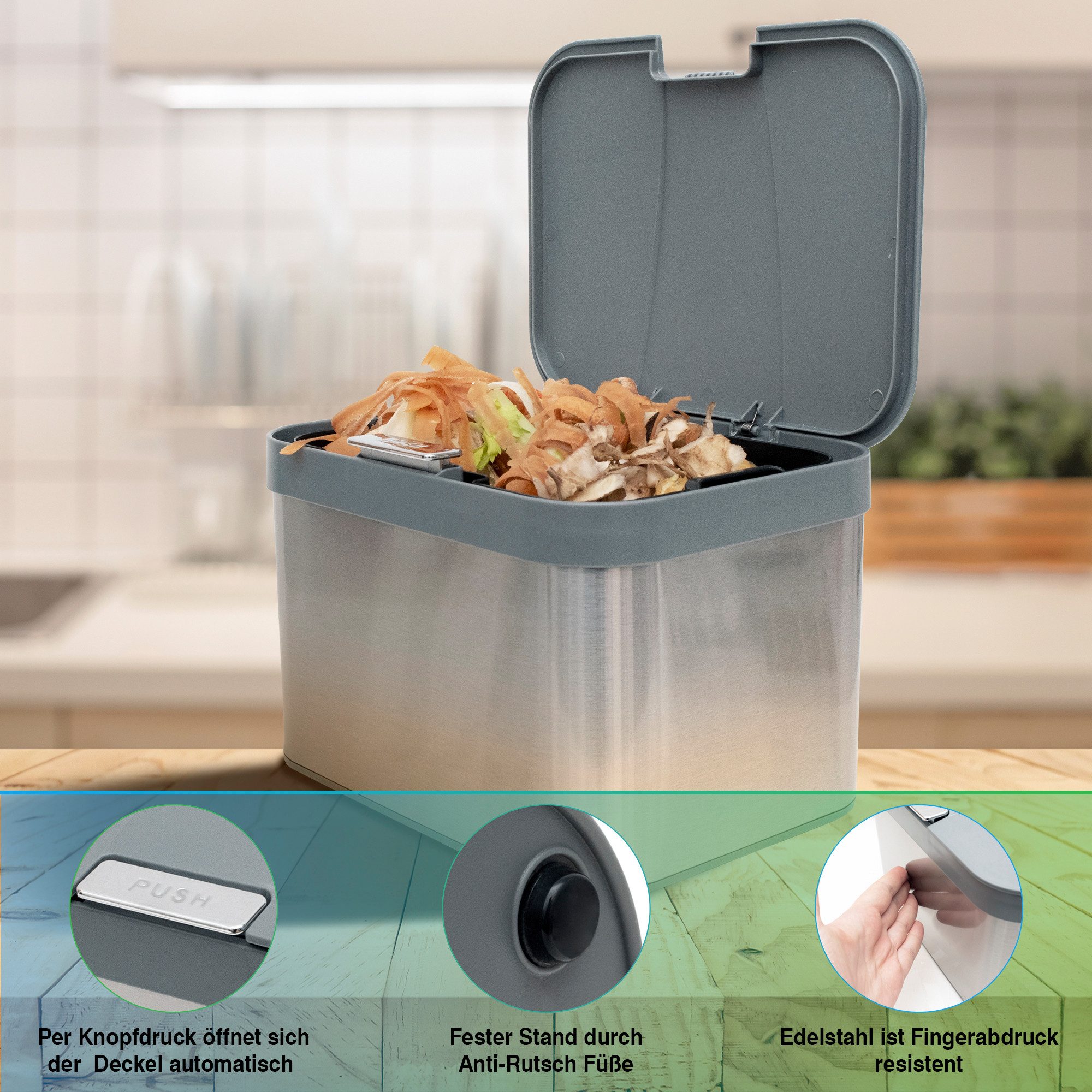 YourCasa Biomülleimer YourCasa® Biomülleimer Küche aus Edelstahl Komposteimer Küche - 4,3L, Deckel öffnet per Knopfdruck, Edelstahlgehäuße – Bild 5 von 5