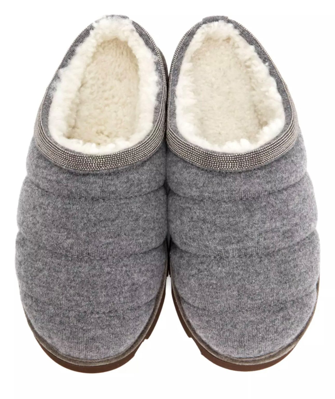 BRUNELLO CUCINELLI Gefütterte Kaschmir-Shearling Schuhe mit Monili-Perlen Pantoffel gesteppte Kaschmir-Oberfläche mit Monili-Perlendetails