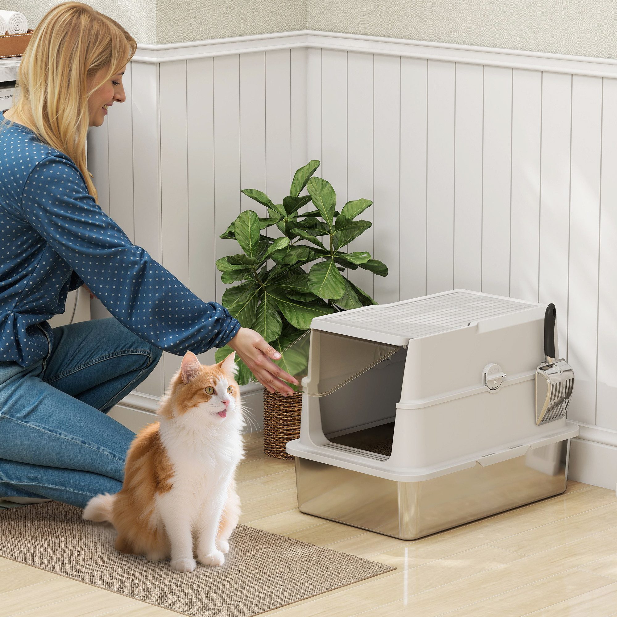 PawHut Katzentoilette Katzenklo aus Edelstahl mit Deckel, Streuschaufel, mit Deodorierungsbeutel, für Katzen bis 7 kg, Hellgrau