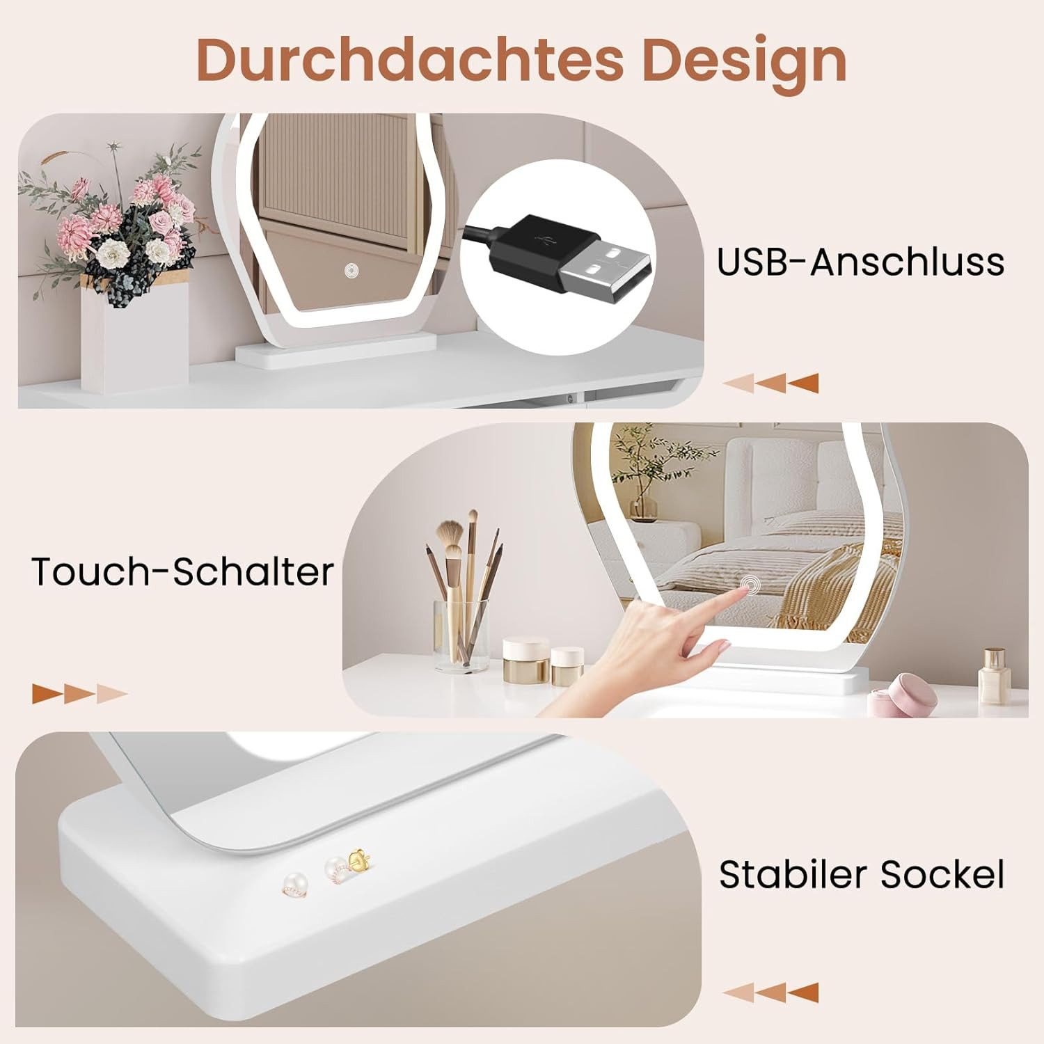 Woltu Schminkspiegel, mit Beleuchtung, 3 Farbtemperaturen, Tischspiegel Wolkenform dimmbar