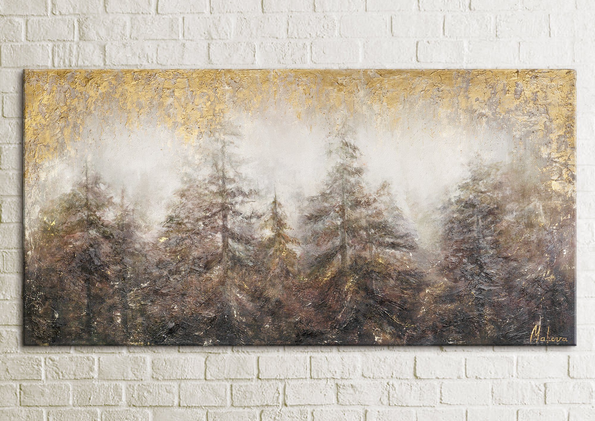 YS-Art Gemälde Morgen's im Wald, Wald Bild Ohne Leinwand Schattenfugenrahmen Handgemalt Tannen Landschaft, Baum