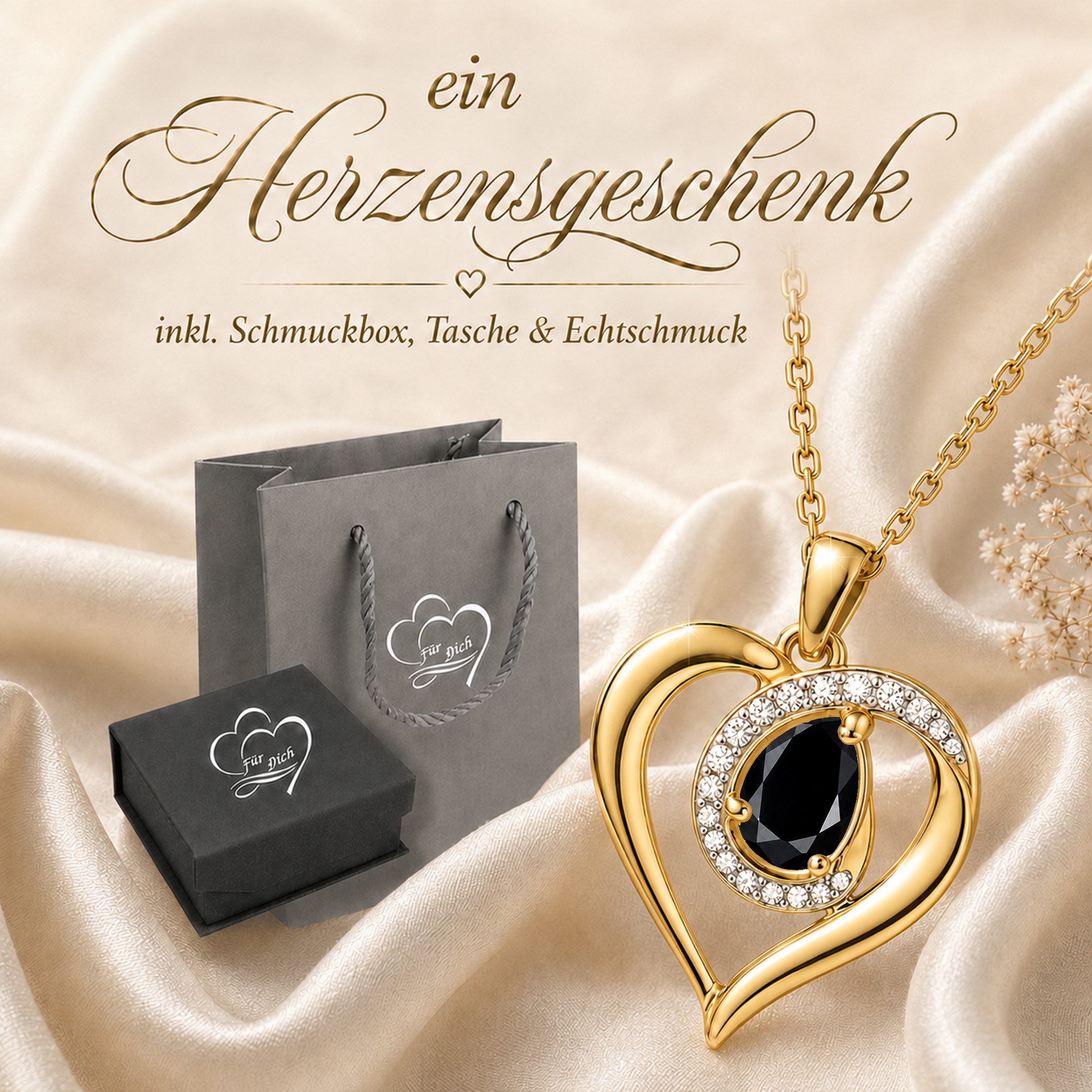 Limana Herzkette echter Edelstein Damen Kette mit Herz Anhänger 925 Silber gold (Geschenk für Frauen Freundin Schmuck inkl. Dose und Tasche), Geburtstag Weihnachten Jahrestag Hochzeitstag Valentinstag