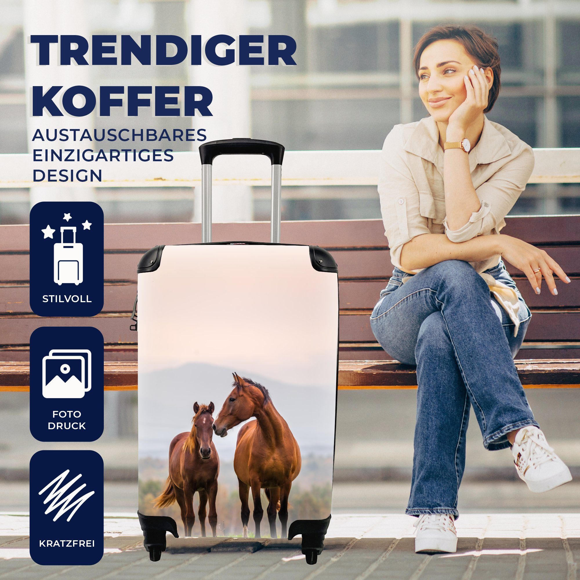 MuchoWow Handgepäckkoffer Pferd - rollen, - für 4 Gras Fohlen Trolley, Reisetasche Rollen, Handgepäck mit Pastell, Ferien, - Reisekoffer