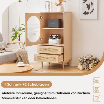 HAUSS SPLOE Sideboard 60*40*120 cm, 1 Tür aus klarem Acryl, 2 Schubladen aus Rattan, Natur