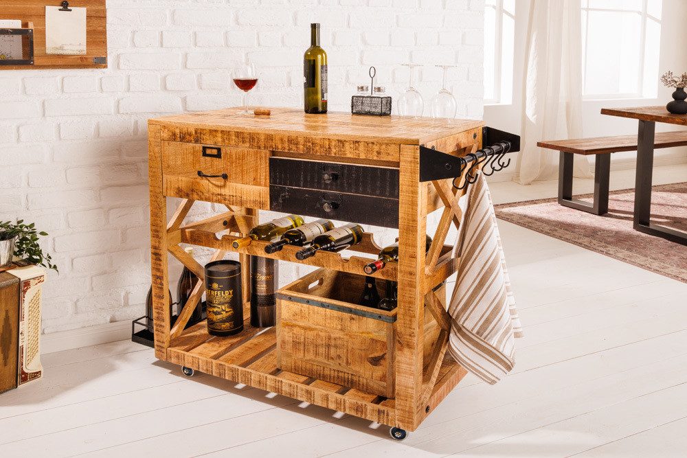 riess-ambiente Barschrank BODEGA 86cm natur/schwarz - Mango, Servierwagen, Weinregal, Stauraum (Einzelartikel, 1-St) Beistellwagen aus Massivholz - ideal für Küche, Esszimmer oder Hausbar