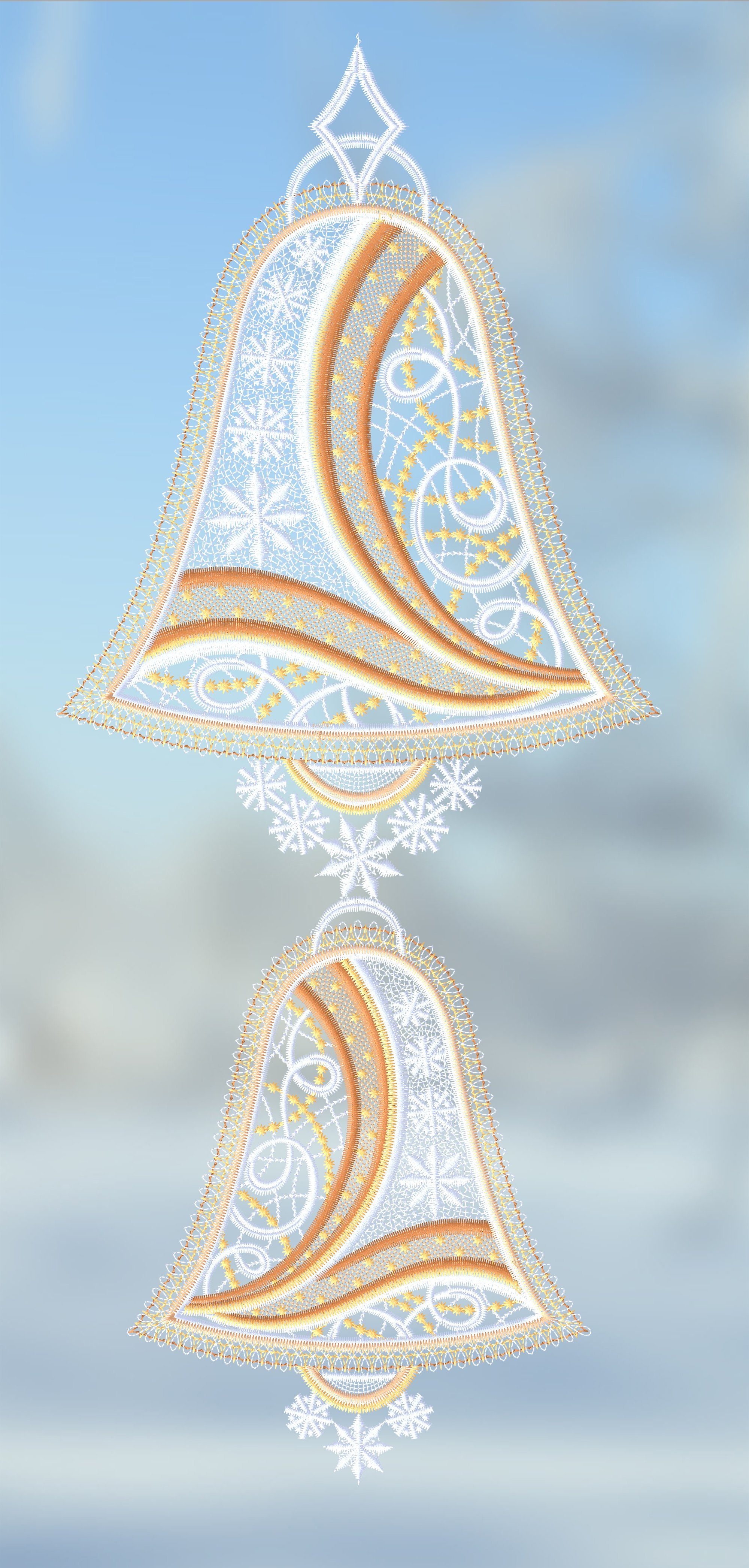 Plauener Spitze® Fensterbild Weihnachtsglocken mit Schneeflocken, günstig online kaufen