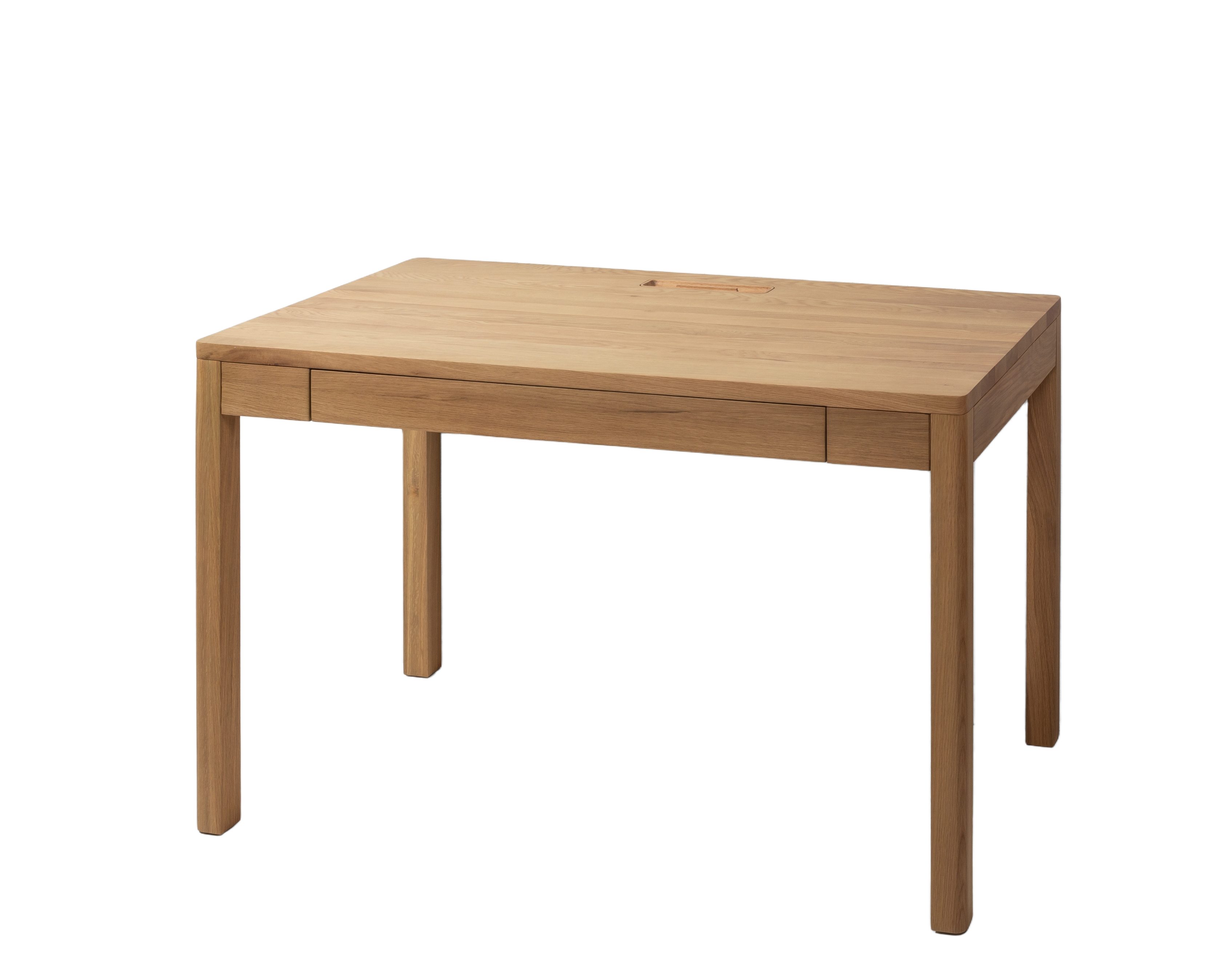 Woodek Design Schreibtisch FRANZ aus massiver Eiche, natur matt lackiert, elegantes Design (Großer Schublade mit Soft-Close-Metallschienen, 1-St., Integrierte Kabelöffnung), Breite 120 cm, Tiefe 65 cm, Höhe 75 cm