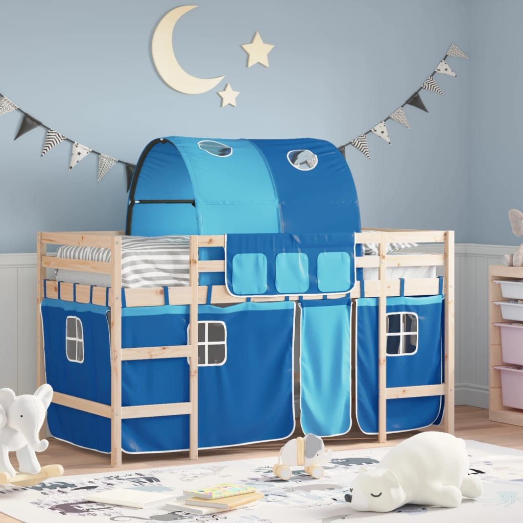vidaXL Bett Kinderhochbett mit Tunnel Blau 80x200 cm Massivholz Kiefer