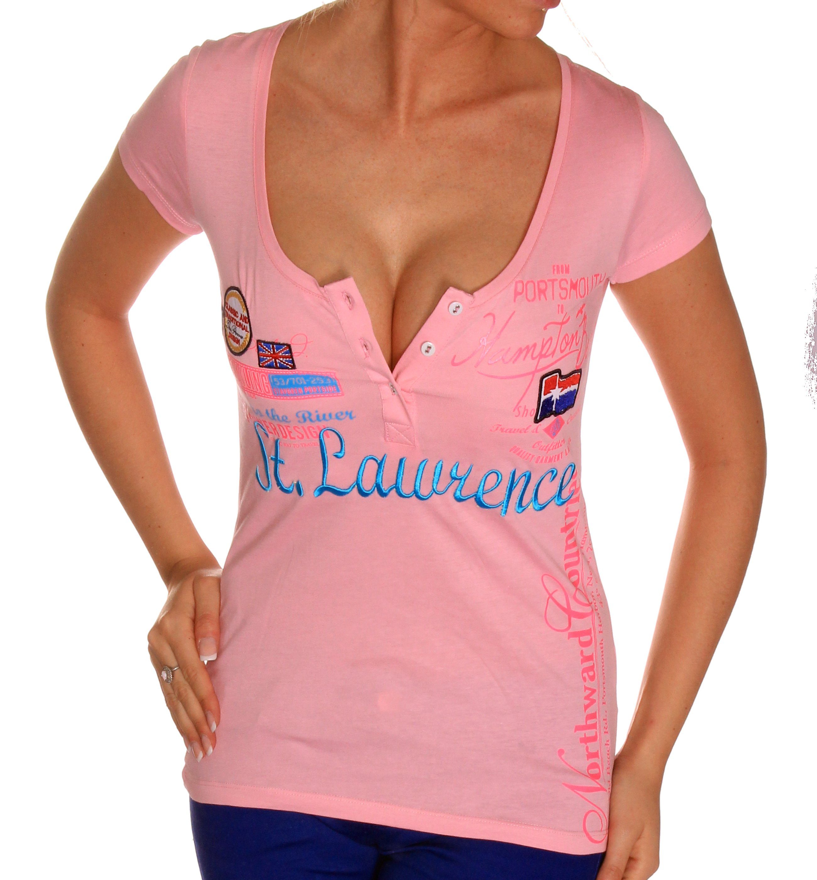 RMK T-Shirt Damen Freizeit Sommer kurzarm Shirt mit V-Kragen V-Neck Ausschnitt Rosa