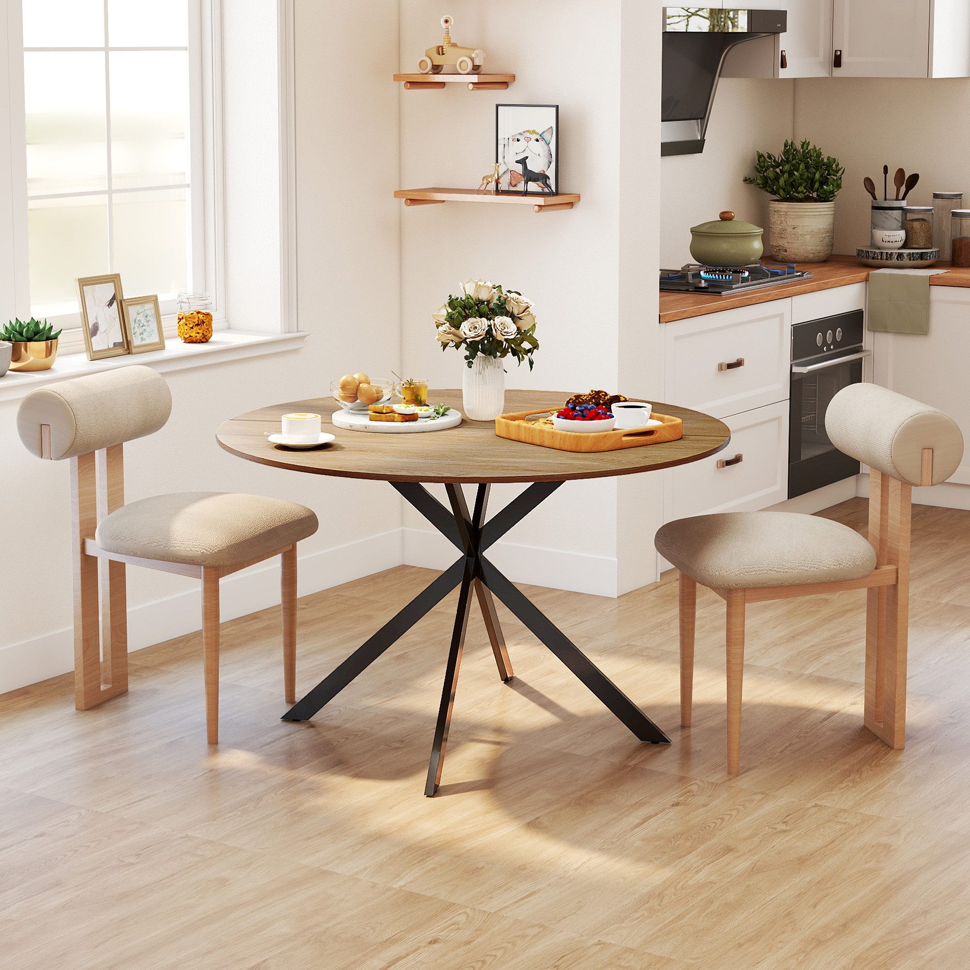 HOMCOM Esstisch Küchentisch im Industriestil mit Stahlbeinen für 4 Personen (für Esszimmer, Küche, Wohnzimmer, 1-St., rund, 120 x 120 x 75 cm), Eiche