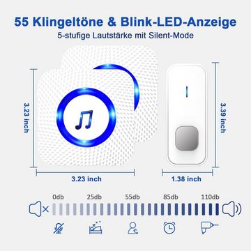 JOEAIS Türklingel Funkklingel Kabellose Türklingel Wireless Boorbell 400m 110dB, Haustürklingel 2 Empfänger Batteriebetrieben Aussen Klingel Haustür