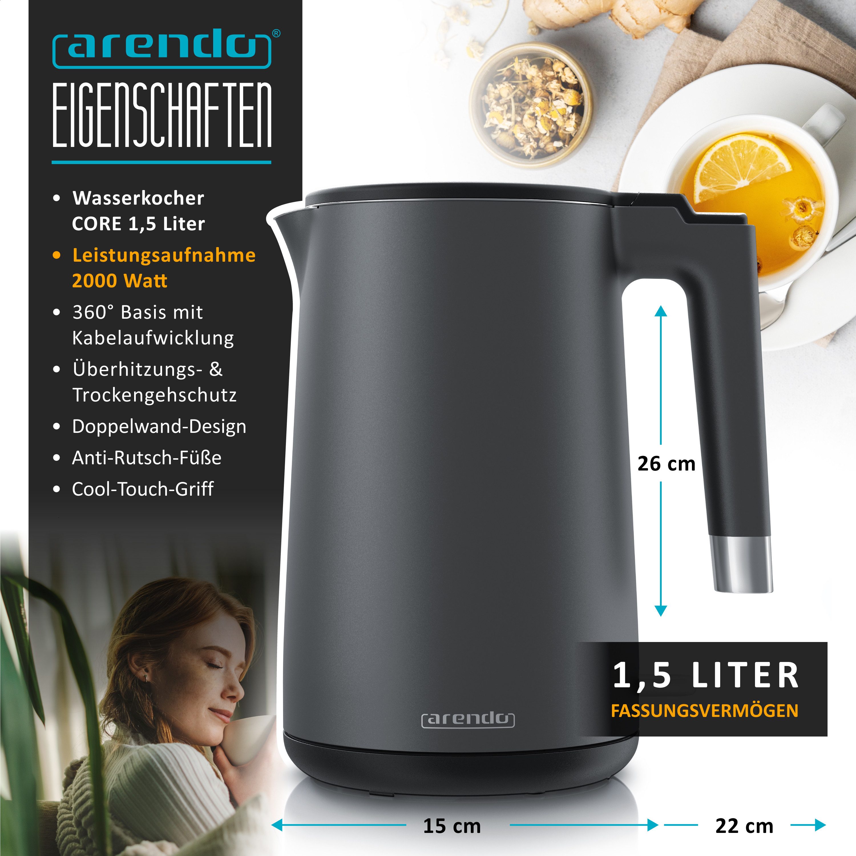 Arendo Wasserkocher aus Edelstahl, Doppelwand-Design, 360° Controller, Cool Grey Matt, 1,5 l, 2200 W, Teekocher, Cool-Touch-Griff, Überhitzungsschutz, BPA-frei, – Bild 2 von 5